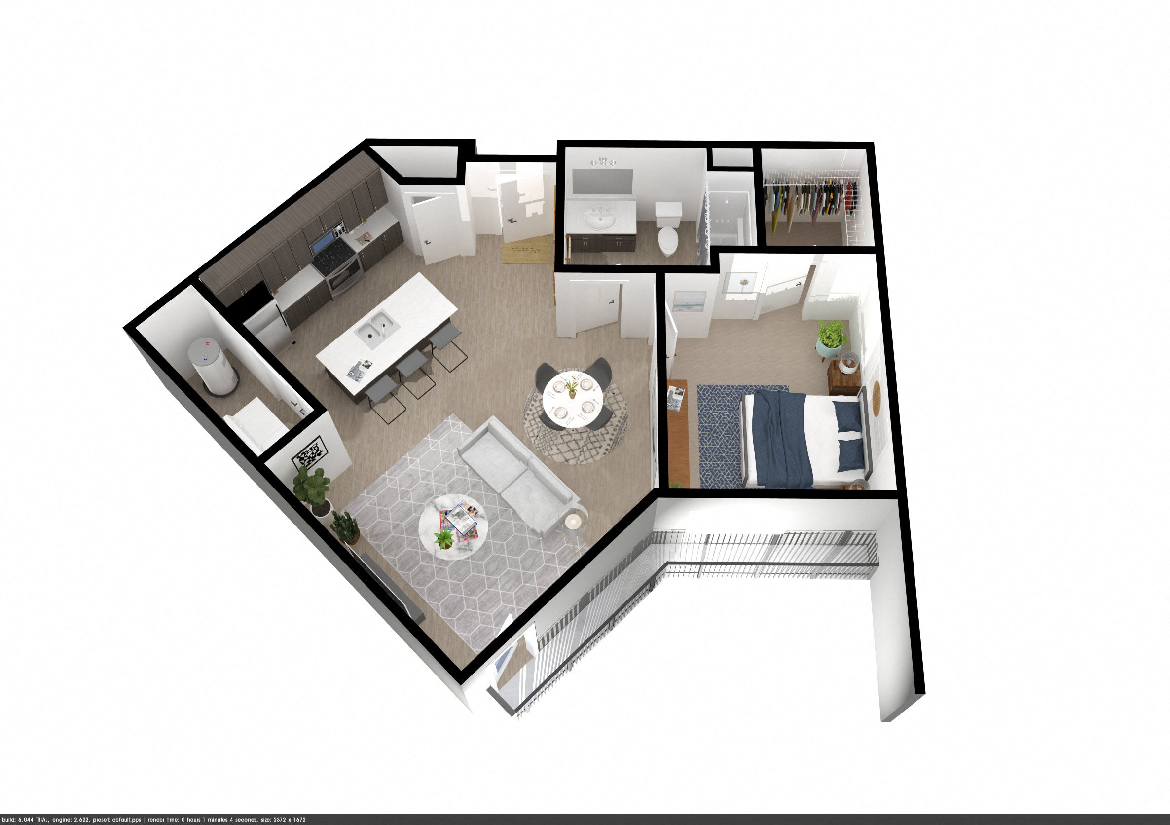 Floor plan for 1 bed, 1 bath, 725 sqft